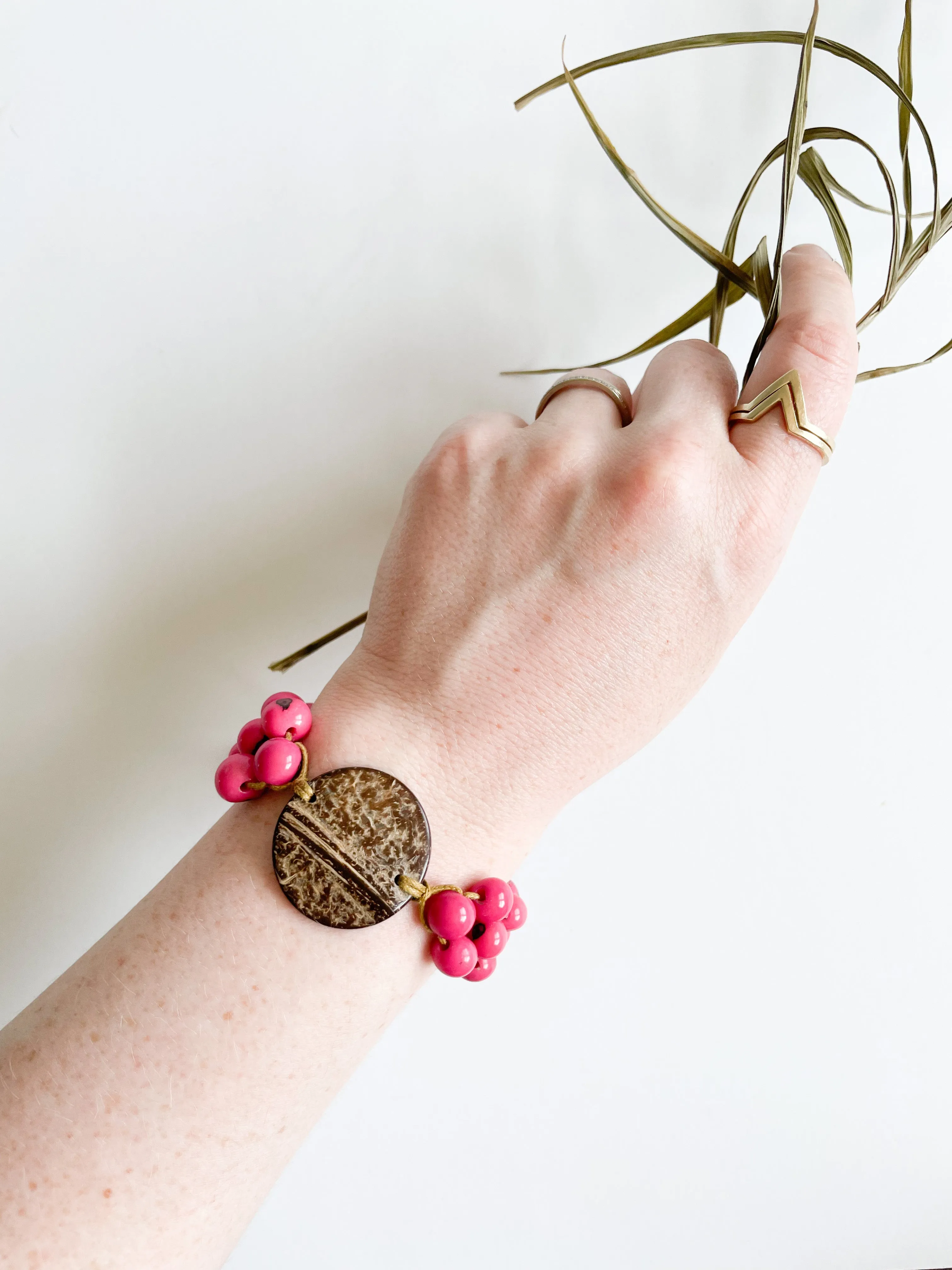 Pink Wooden Bead Adjustable Boho Bracelet
